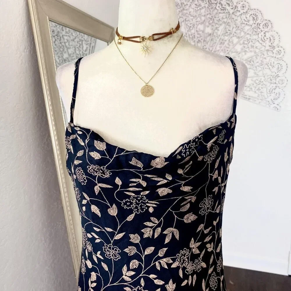 Ellen Brook Black Tan Y2K Romantic Floral Mesh Cowl neck Midi Dress S - Picture 5 of 7